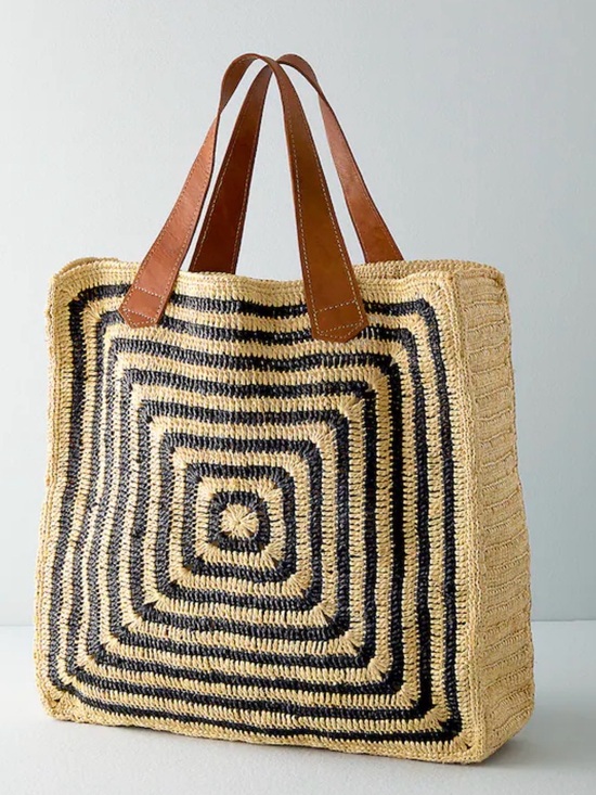 Mar Y Sol Handbags - Mar Y Sol Panama Tote Black Tan Raffia Palm Leather Handle Beach Bag